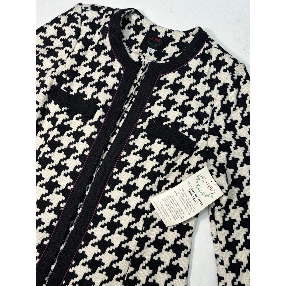Ashro Womens‎ Size 20 Houndstooth Jacket Black White Knit Open Front NWT
